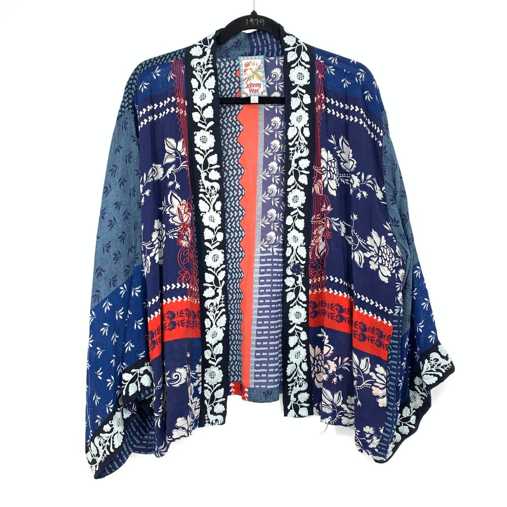 Johnny Was Esme Kimono Cardigan Jacket Womens Sz L Red Blue White Embroidered